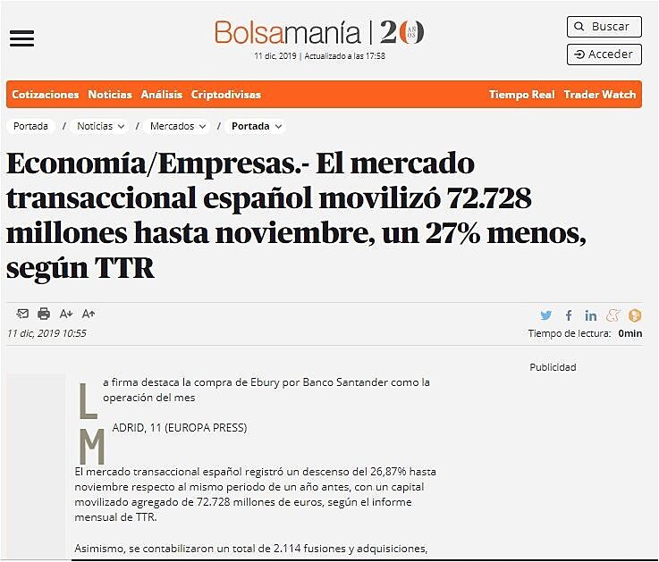 El mercado transaccional espaol moviliz 72.728 millones hasta noviembre, un 27% menos, segn TTR